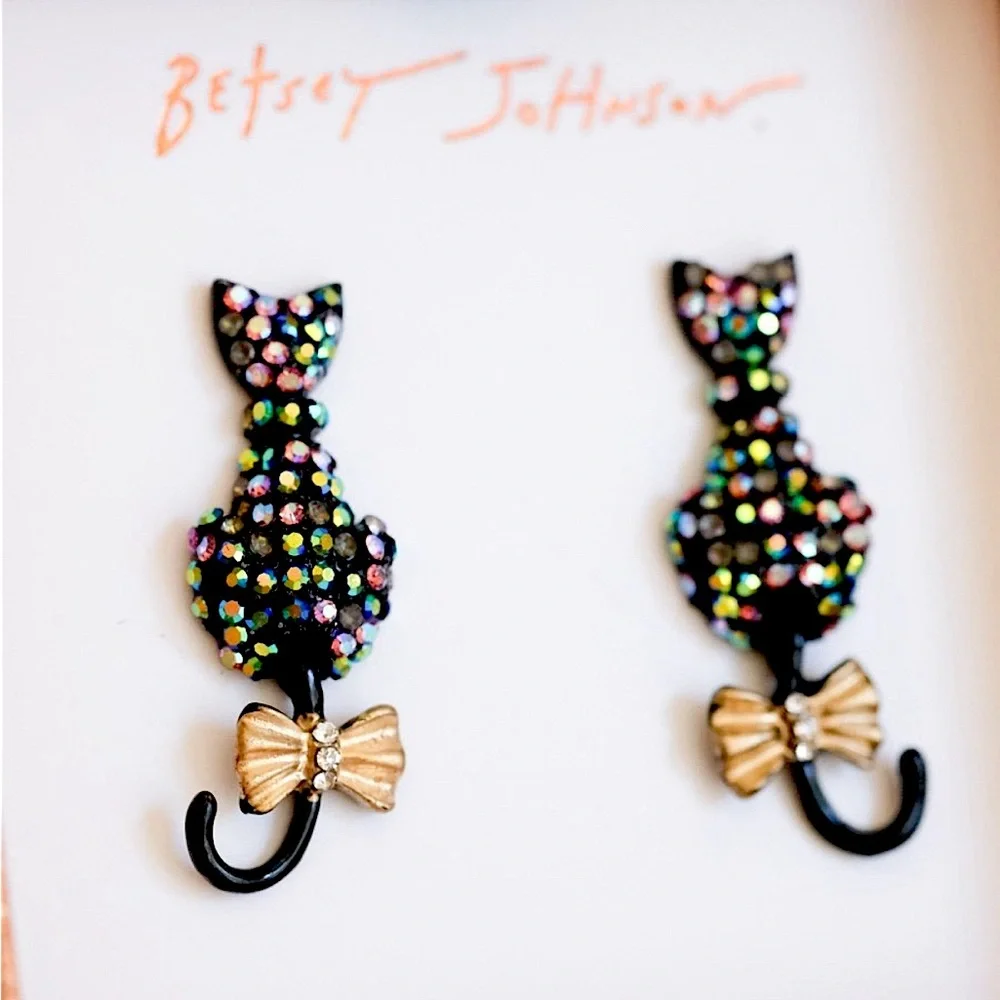 Betsy Johnson Black Cat Iridescent Rhinestone Drop Earrings, NWT,🌛 - Picture 8 of 11